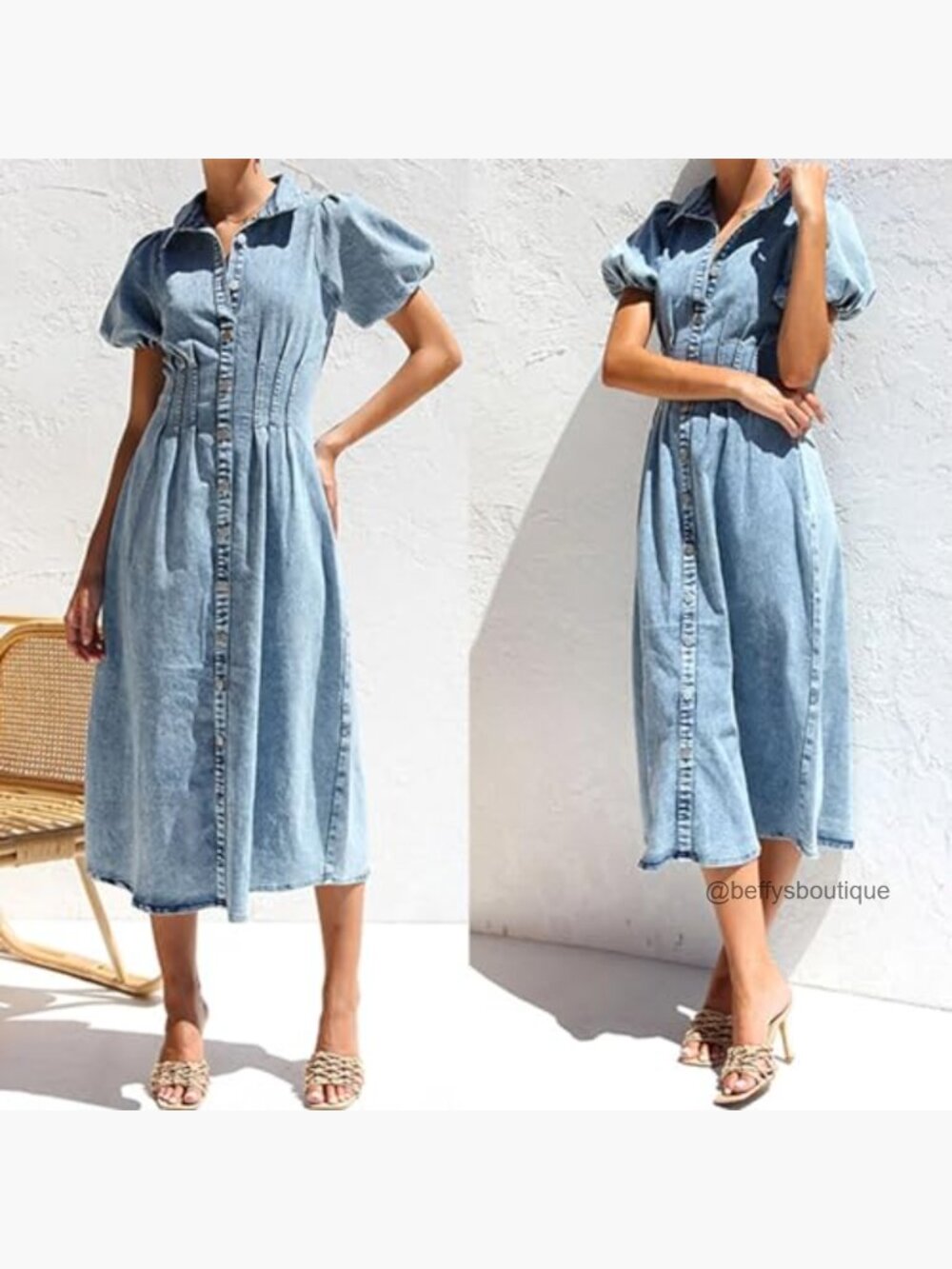 Women's Long Denim Dress Puff Sleeve Button Down Casual Slim Fit Midi Jean - Picture 3 of 7